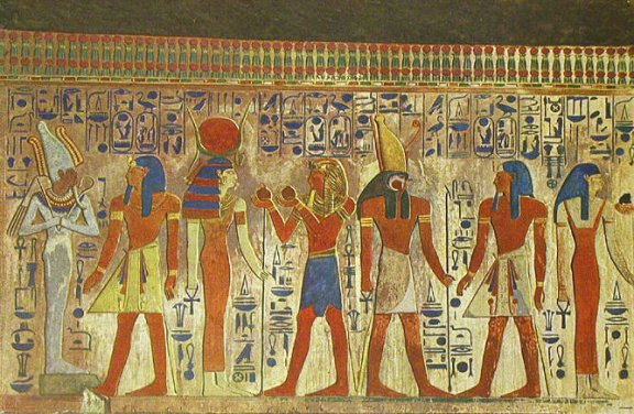 King Seti 1st in the presence of Osiris, Isis, Horus and Nephthys